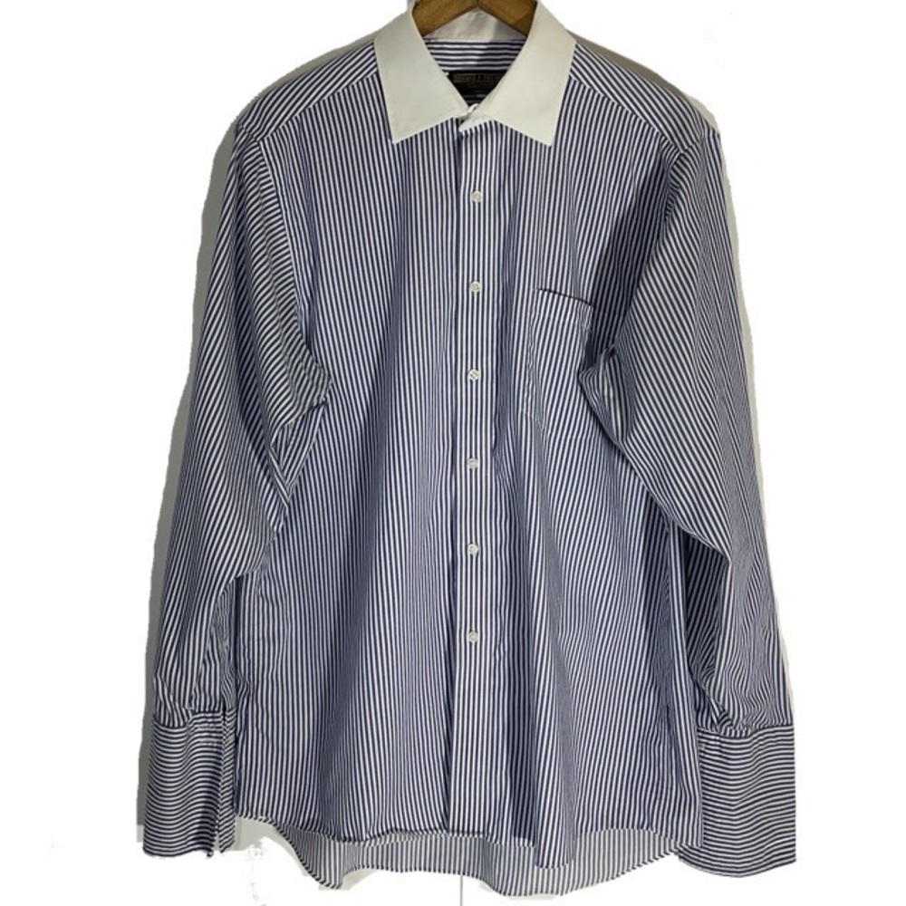 Donald J Trump Signature Collection Dress Shirt White Blue Striped Sz 16.5/34-35